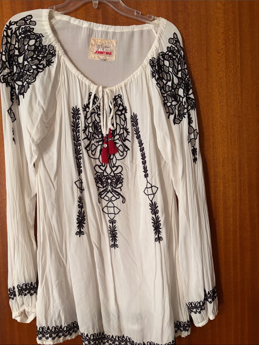 Johnny Was White Tunic with Black Embroidery and Red Tassels